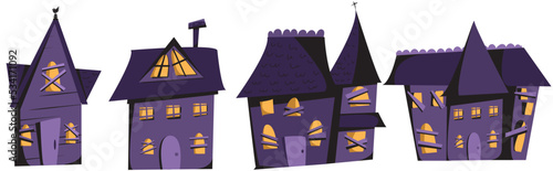 Hand drawn vector flat cartoon halloween haunted houses illustration.  