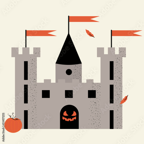 Halloween et chateau hanté. Illustration vectorielle avec un chateau, citrouille et feuilles d'automne pour la fête d'halloween.