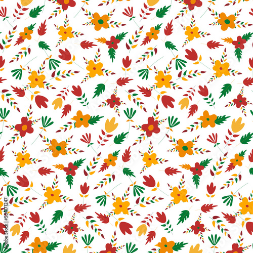 Textile vector flowers pattern. Yellow  red  green autumn botanical pattern. Seamless textile design. Pillow  blanket design. Wrapping paper.