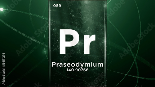 Praseodymium (Pr) symbol chemical element of the periodic table, 3D animation on atom design background