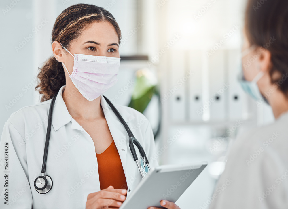 Covid, vaccine and tablet with a doctor talking to a patient in a hospital during an appointment or schedule for a booster shot. Trust, consulting and insurance with a health professional in a clinic Covid, vaccine and tablet with a doctor talking to a patient in a hospital during an appointment or schedule for a booster shot. Trust, consulting and insurance with a health professional in a clinic
