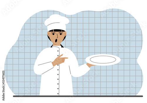 Evil cook in a cap holds an empty plate in his palm. Vector