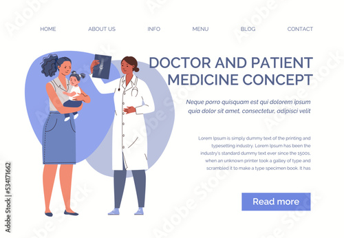 Doctor surgeon, physician to pediatric traumatology holds and looks at x-ray of patient during visit. Health care and rehabilitation. Website, template, landing page. Vector characters illustration.