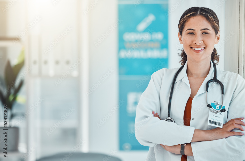 Healthcare, vision and proud doctor in hospital, leadership of innovation and medical goal. Health, medicine and consulting with portrait of female leader expert with motivation and healthy mission Healthcare, vision and proud doctor in hospital, leadership of innovation and medical goal. Health, medicine and consulting with portrait of female leader expert with motivation and healthy mission