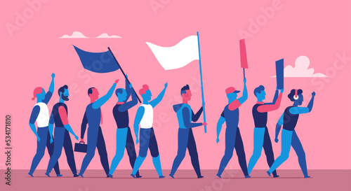 Gruppo di persone di diverse classi sociali che protestano per i loro diritti.