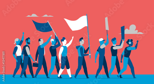Gruppo di persone di diverse classi sociali che protestano per i loro diritti.