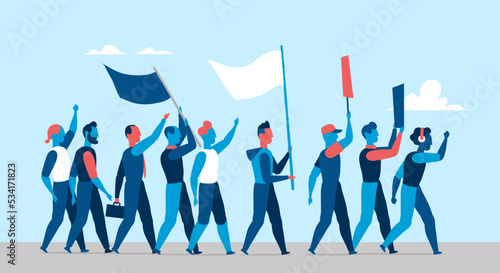 Gruppo di persone di diverse classi sociali che protestano per i loro diritti.