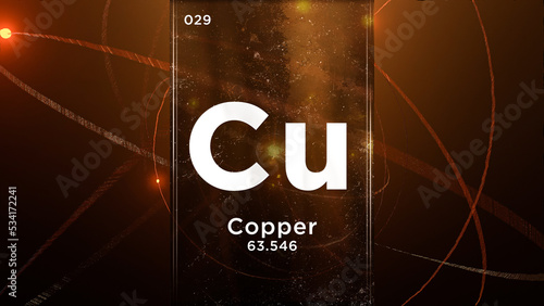 Fotografi Copper (Cu) symbol chemical element of the periodic table, 3D animation on atom