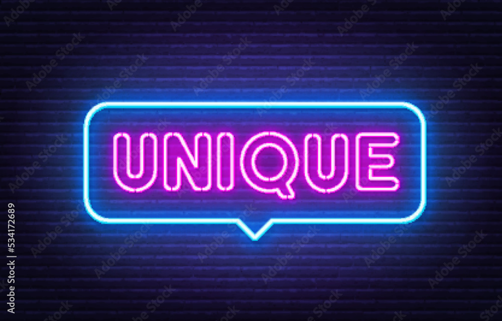 Unique neon sign in the speech bubble on brick wall background.