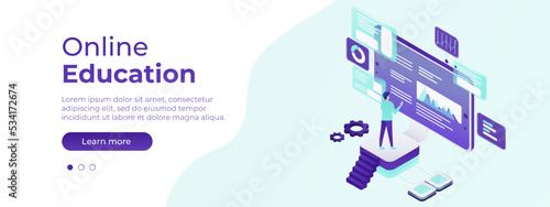 Online education concept. Vector layout for website page. Illustration in flat style with people studying remotely. Students learning online at home. Vector illustration EPS 10
