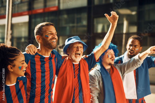 Happy sports fan and his friends going on match during world championship.