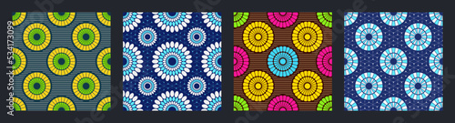 Set of four seamless african fashion vector patterns with circles, round shapes. Bright, vibrant colors. Color illustrations.
