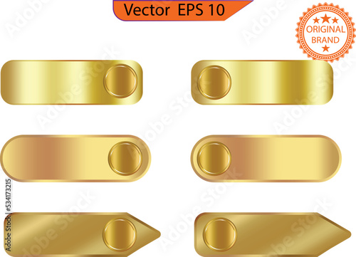 Set of modern empty glass gold buttons and sliders, web icons of different forms. Gradient mesh. Button set color gold glossy. Vector illustration