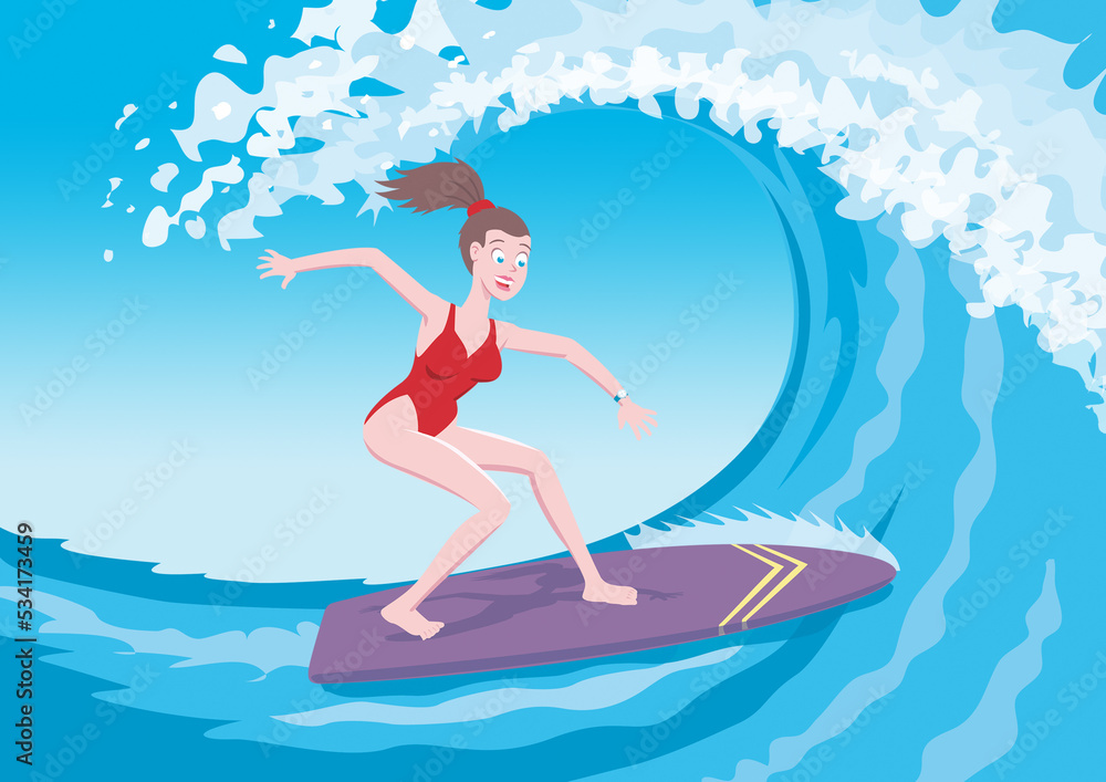girl on a surfing board on a wave