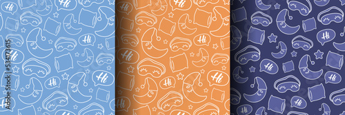 A set of children's patterns on a night theme with a moon, a cloud and a sleep bandage. Childish pattern for clothes, textiles, bedding and packaging.