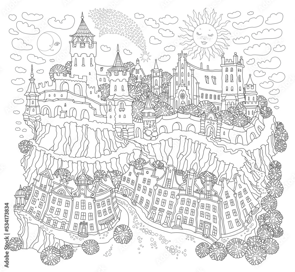 Vector contour fantasy landscape, fairy tale small town street, medieval castle on the hill. Black and white Adults and Children Coloring Book page 