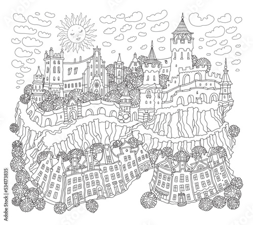 Vector contour fantasy landscape, fairy tale small town street, medieval castle on the hill. Black and white Adults and Children Coloring Book page 