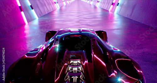A Modern High Speed Red Racing Car Drives through a Neon Tunnel. Futuristic Technology. Prestigious Electric Car. Concept of Passion for Driving. 3D Rendering