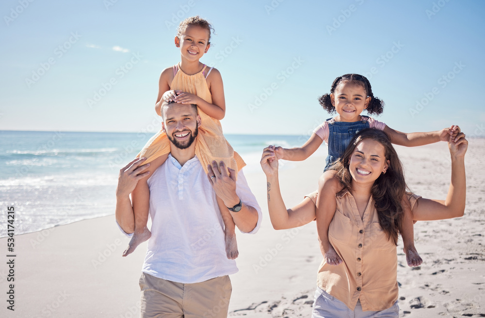 Children, mother and father walking at beach during travel holiday by the ocean in Spain in summer. Portrait of girl kids happy on a walk by the water in nature with parents on vacation for family Children, mother and father walking at beach during travel holiday by the ocean in Spain in summer. Portrait of girl kids happy on a walk by the water in nature with parents on vacation for family
