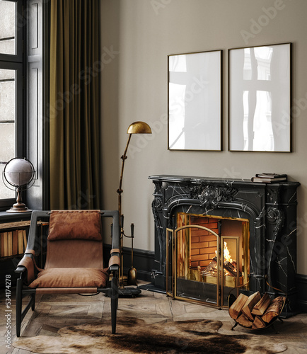Frame mockup in modern loft interior with burning fireplace, 3d render
