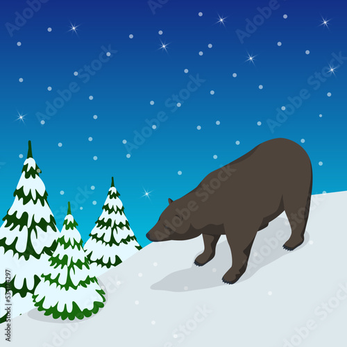 Isometric brown bear walking in the snow. A brown bear in the snowy forest.