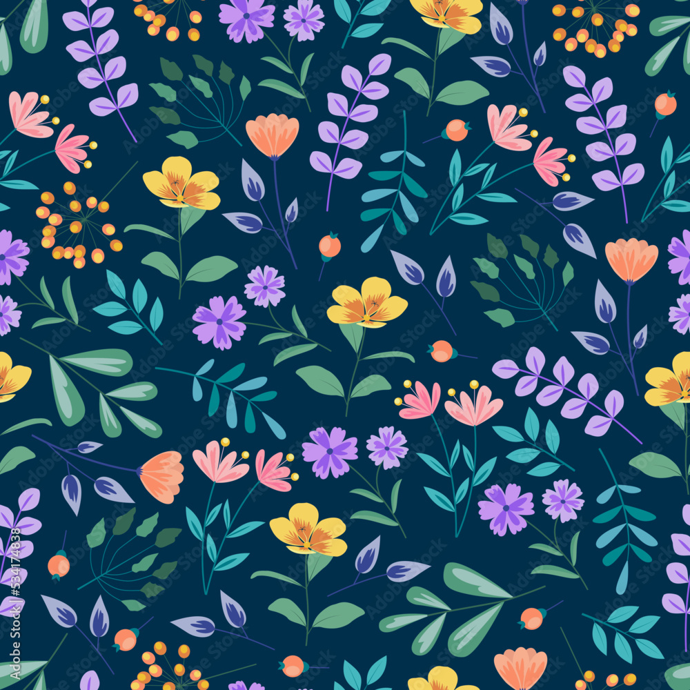 Creative floral seamless pattern design. Blooming flowers and leaves. Repeat texture background for surface printing and textile Creative floral seamless pattern design. Blooming flowers and leaves. Repeat texture background for surface printing and textile