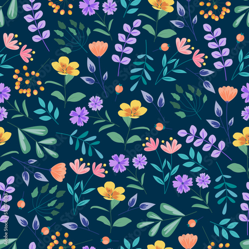 Creative floral seamless pattern design. Blooming flowers and leaves. Repeat texture background for surface printing and textile