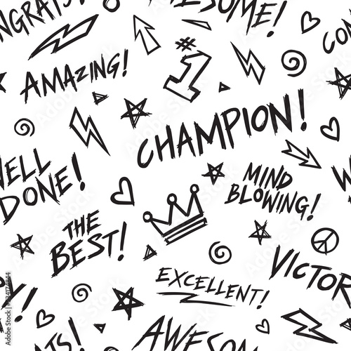 Awesome Celebration Congratulatory words. Positive words seamless pattern. Vector illustration background.