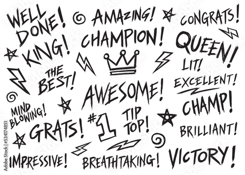 Awesome Celebration Congratulatory words. Positive words collection set. Vector Illustration.