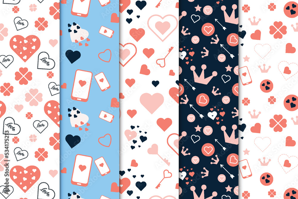 Love shape pattern background collection with different heart shapes. Abstract love element pattern bundle with white and dark backgrounds. Valentine love pattern set for wallpapers and cover pages. Love shape pattern background collection with different heart shapes. Abstract love element pattern bundle with white and dark backgrounds. Valentine love pattern set for wallpapers and cover pages.