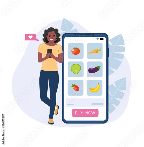 Dark skinned woman buys organic products via smartphone. Vector illustration.