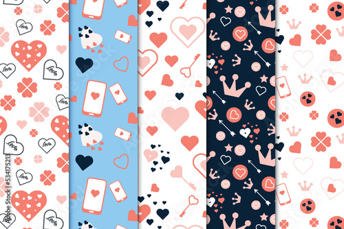 Love shape pattern background collection with different heart shapes. Abstract love element pattern bundle with white and dark backgrounds. Valentine love pattern set for wallpapers and cover pages.