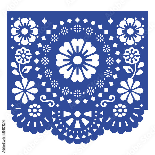 Party decoration Papel Picado vector design, retro Mexican fiesta paper cutout background with flowers and leaves

