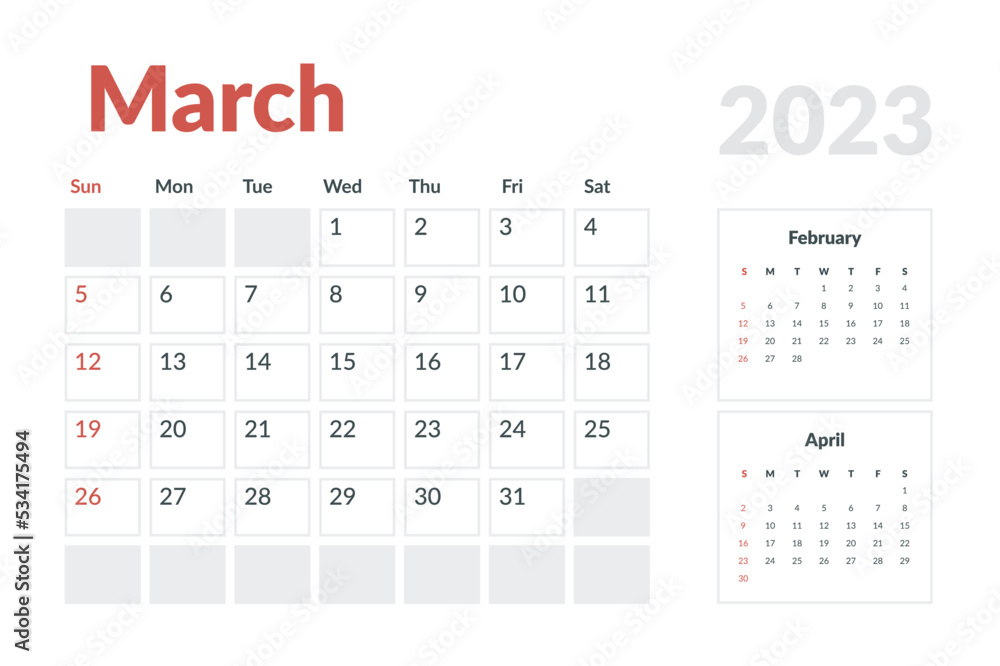 Calendar Template of march 2023. Vector layout simple calendar with week start sunday. Calendar Template of march 2023. Vector layout simple calendar with week start sunday.