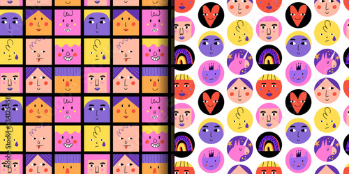 Abstract faces seamless pattern. Funny cartoon characters, doodle trendy avatars, smile people, contemporary geometric print. Decor textile, wrapping paper, wallpaper. Vector background