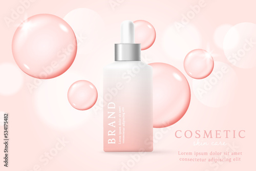 Pink cosmetic 3d background with drop of liquid bubble and lights.