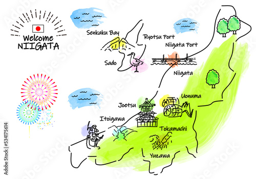 新潟県の観光地のシンプル線画イラストマップ