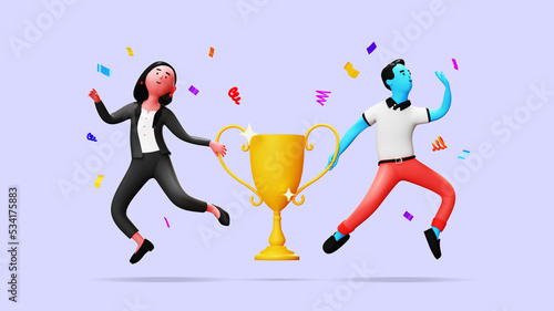 Team success, partnership or teamwork to win business competition, winner or achievement, work together or cooperation concept winning victory trophy, 3d cartoon render
