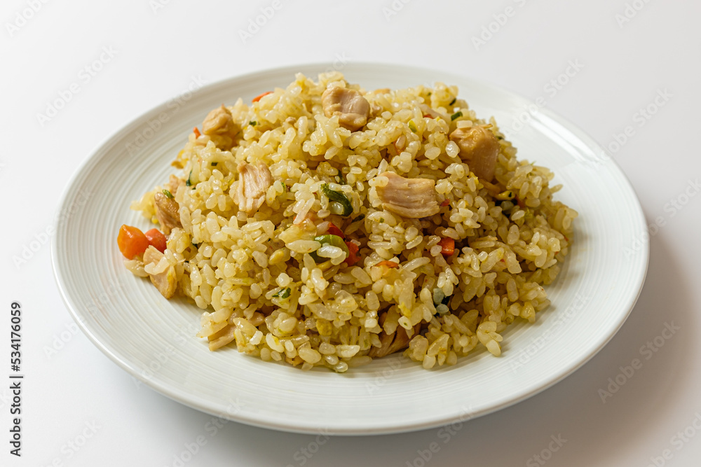 Chicken breast fried rice on white background