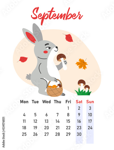 September 2023 calendar. The hare is picking mushrooms. Flat vector illustration.