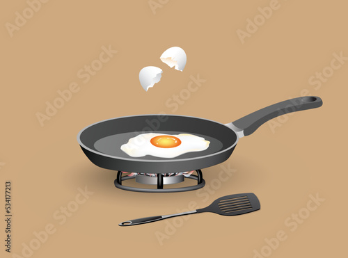 Vector realistic illustration of frying pan with fried egg on gas stove and broken eggshell on top. The concept of preparing a light breakfast.