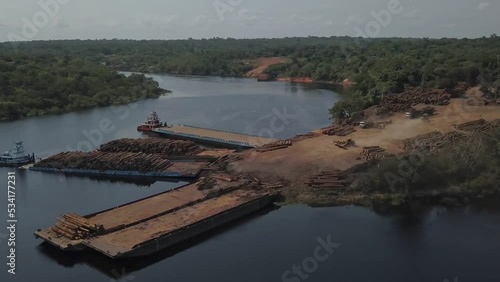Huge logging operation in Brazil contributes to deforestation and climate change in the Amazon rainforest - aerial parallax on Amazon River photo
