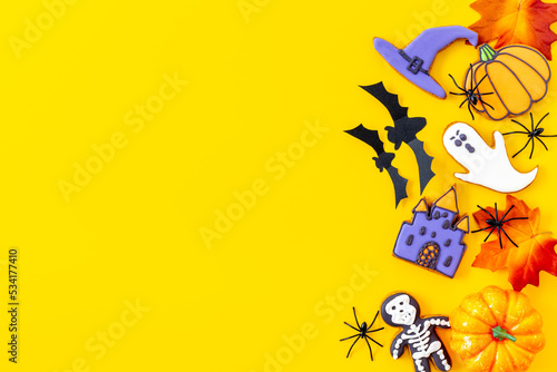 Funny cookies and spiders for Halloween party background