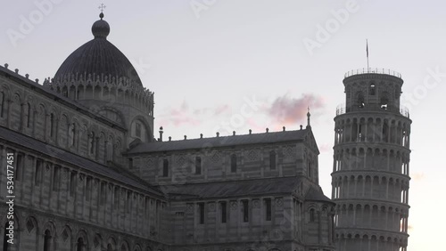 leaning tower of pisa with cathedral gimbal movement morning golden hour tuscany italy photo