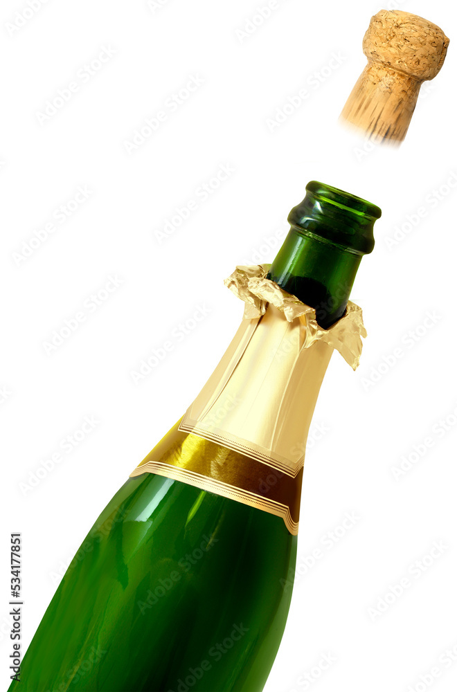 Champagne bottle cork popping isolated - obrazy, fototapety, plakaty 