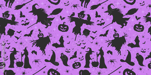 Minimal Halloween vector pattern. Scary, cute scarecrow, bats, black cats, pumpkins, witch and their cauldron on purple violet background. Seamless for Halloween. 