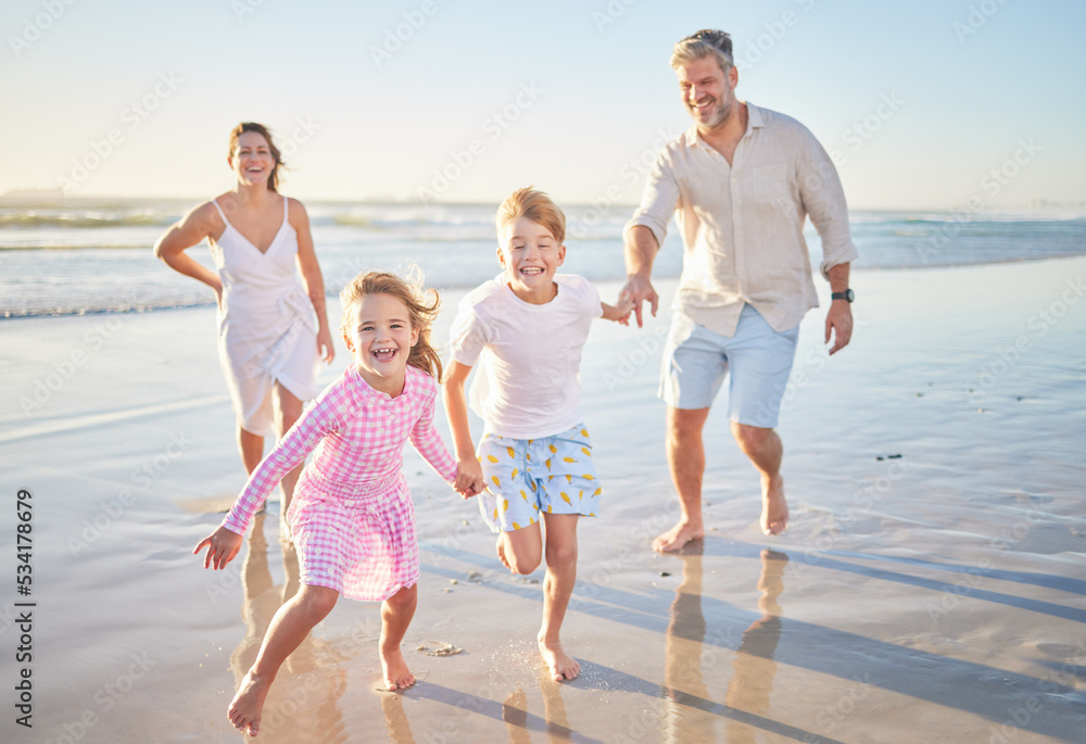 Travel, running and happy with family at the beach on Bali holiday for love, summer and freedom. Smile, support and holding hands with parents and children for vacation, wellness and trust together
