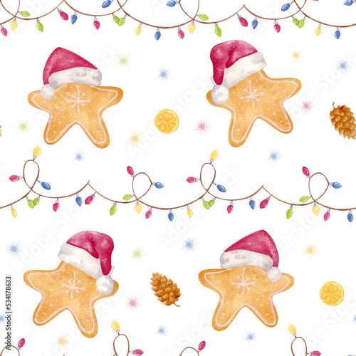 Gingerbread pattern. Christmas Watercolor Seamless Pattern with Santa Hats and Garland. Design for packaging, textiles and stationery.