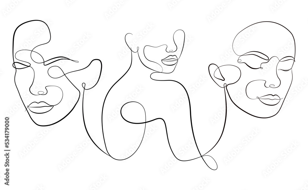 Obraz premium Three women contemporary line drawing. Portrait in a modern abstract graphic style. Three faces in one line.