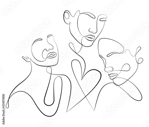 Three abstract face one line drawing. Portrait minimalistic style. Fine one line drawing abstract face. One line drawing abstract faces. Modern continuous line art. Three women feces illustration.